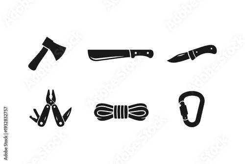 Collection of essential outdoor survival and camping tools and equipment icons