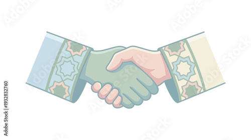 Illustration of two hands shaking with ornate cuffs.