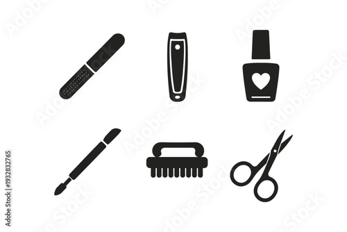 Collection of manicure and pedicure tools and nail polish bottle with heart icon