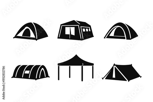 Collection of six different black tent and shelter icons on a white background