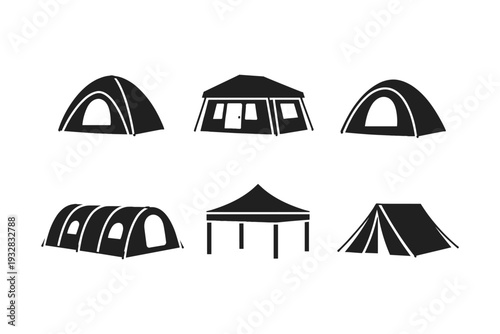 Collection of diverse tent and shelter icons in a simple black and white graphic style