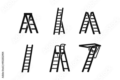 Collection of various black ladder icons on a white background for design