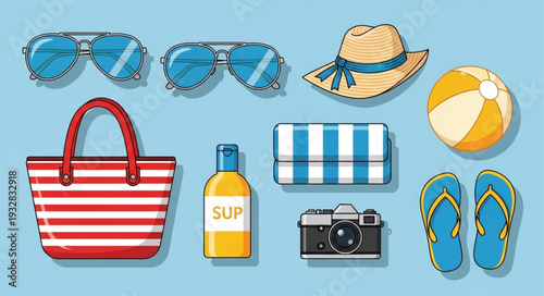 Beach essentials collection - sunglasses, hat, bag, sunscreen, camera, flip-flops, and beach ball.