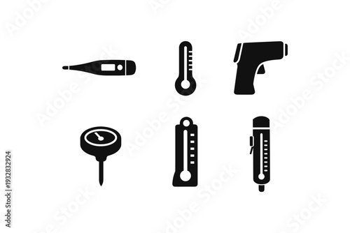Collection of various thermometer icons including digital, analog, and infrared devices