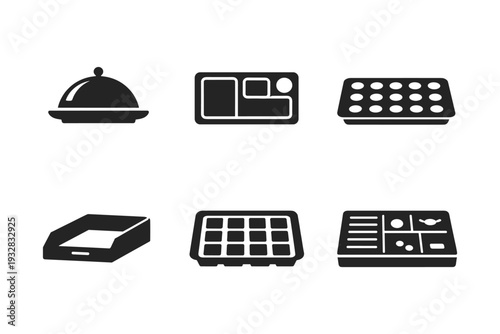 Collection of six different food and serving trays icons in black and white