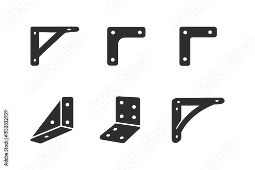 Collection of various black metal corner brackets and shelf supports on white background