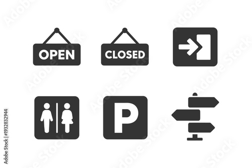 Collection of modern flat icons for business and public spaces, including open/closed signs