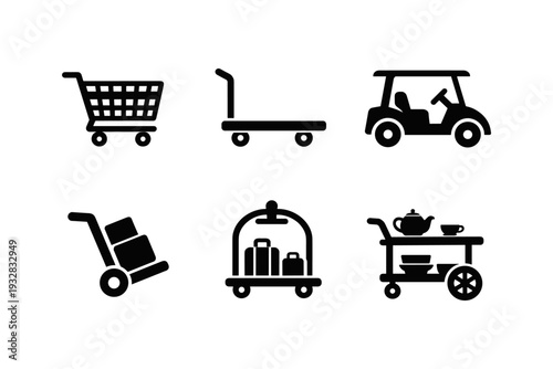 Collection of six different types of carts and trolleys for various purposes