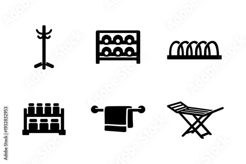 Collection of household storage and organization icons including coat rack, wine rack, and towel bar