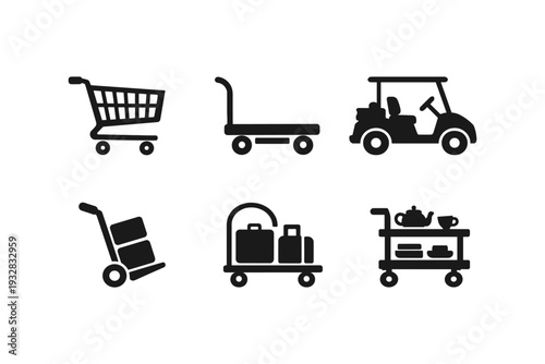 Collection of six different types of carts and trolleys for various purposes