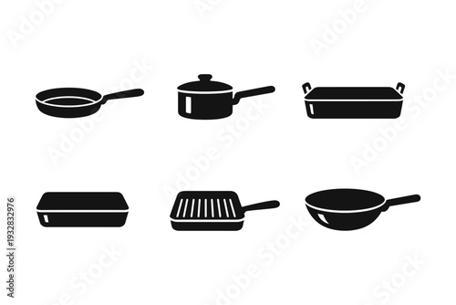 Collection of various cooking pots and pans icons in black and white silhouette style