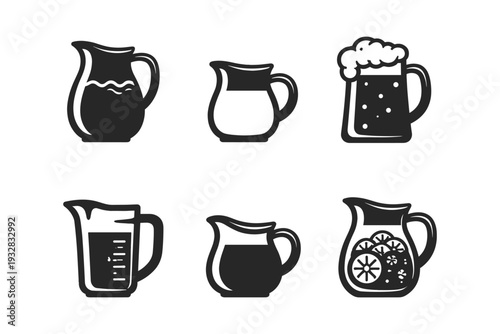 Collection of six different pitcher and jug icons with various drinks and liquids