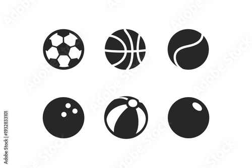 Collection of six different sports balls icons on a white background