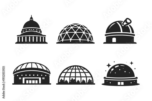 Collection of dome-shaped building icons representing various architectural styles and functions