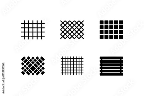 Collection of six different abstract geometric grid patterns and textures in black and white