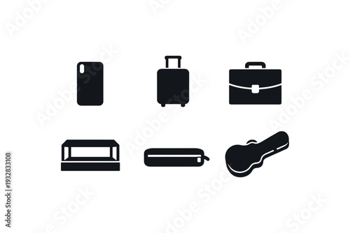 Collection of black icons representing various cases and containers for different items