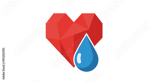 Modern Geometric Red Heart with Blue Drop Icon for Health and Donation