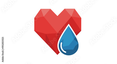 Polygonal Heart and Water Drop Icon - Blood Donation and Health Symbol