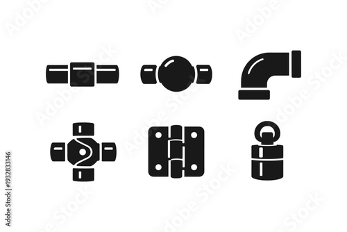 Collection of industrial hardware icons including pipe fittings, hinge, and joint components