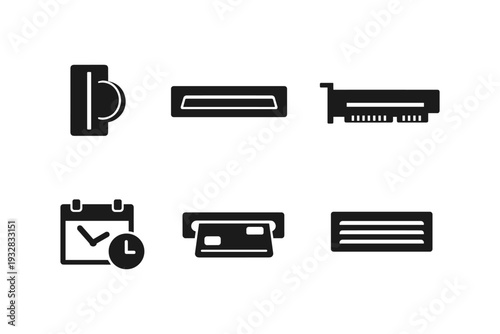 Collection of six modern flat icons representing technology and finance concepts