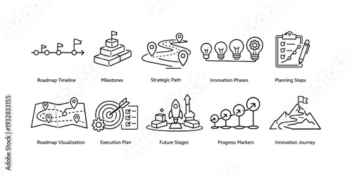 Roadmap and planning line icon set. strategy, innovation path outline icons collection