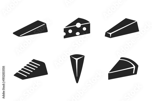 Collection of six different cheese wedge icons in black and white silhouette style
