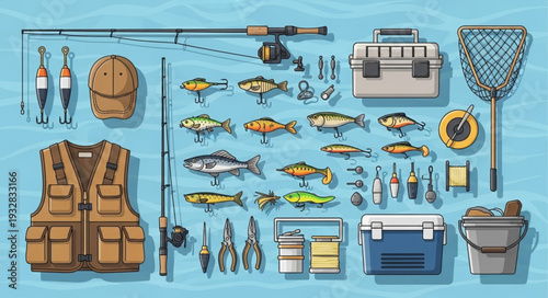 Fishing gear and equipment arranged on a blue surface, ready for angling adventures.