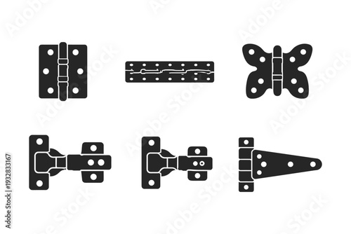 Collection of various black hinge icons on a white background