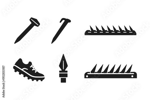 Collection of sharp objects and a cleat symbolizing danger and protection
