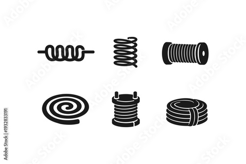 Collection of six different coil and spring icons in black and white