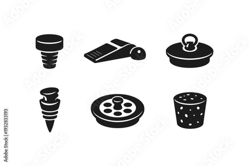 Collection of six different plumbing and bathroom drain stopper icons in black and white
