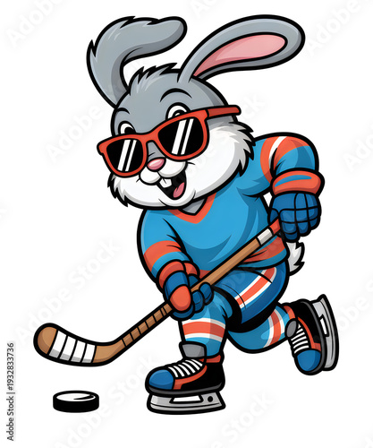 Cartoon rabbit wearing sunglasses playing ice hockey