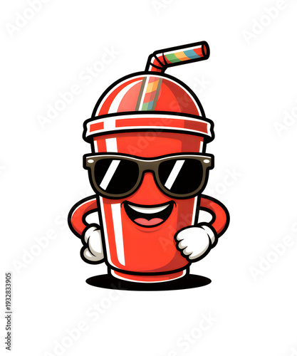 Cartoon red slushy drink character with sunglasses