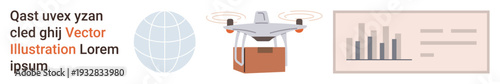 Logistics, global trade, data analysis, e-commerce, future technology, business trends. quadcopter delivering a package, globe and bar chart. Logistics and global trade concepts