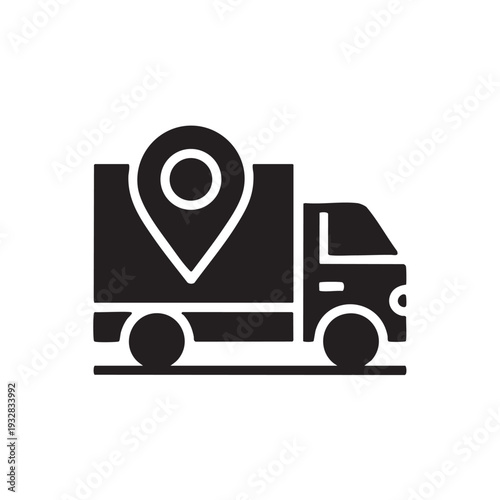 A delivery truck with a location pin on its side drives down the road from a side view in a city environment