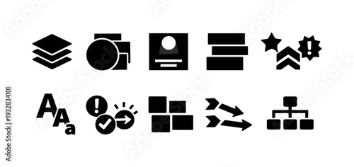 Office elements silhouette icon set. business, communication tools in solid silhouette