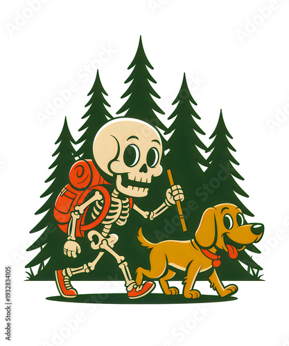 Cartoon skeleton hiking with dog backpack walking stick
