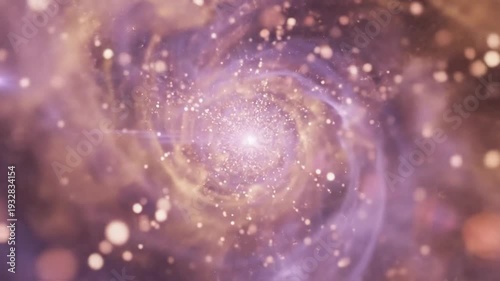 Abstract shimmering light vortex with purple and golden particles