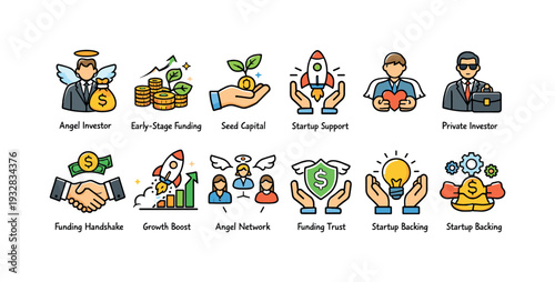 Startup and funding flat icon set. investment, venture capital, business growth icons.