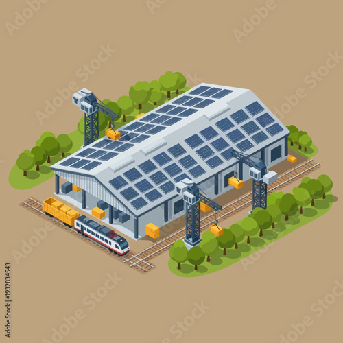 Modern Industrial Building with Solar Panels.