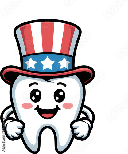 Cartoon tooth wearing Uncle Sam hat patriotic American flag