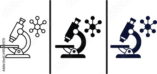 A set of microscope icons in different shades of black and white