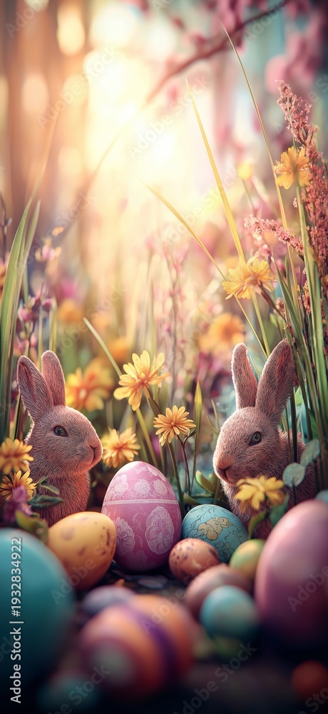 Fototapeta premium Little bunnies finding colorful Easter eggs in spring garden. Cute bunnies celebrating Easter surrounded by decorated eggs and blooming cherry blossoms