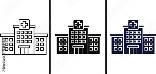 A set of medical building icons in different colors on a white background