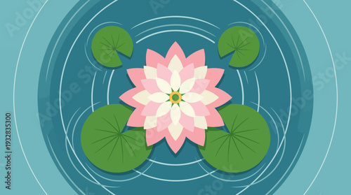 Minimalist vector illustration of a pink lotus flower and lily pads on a blue pond