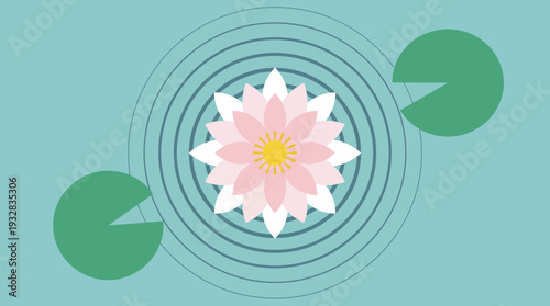Top view of a pink lotus flower with lily pads and concentric ripples in a minimalist vector style
