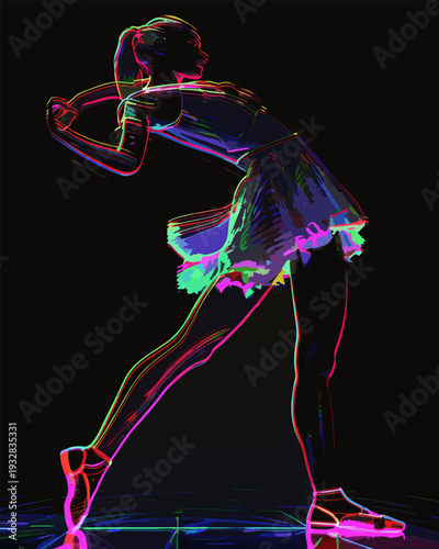 Neon Ballerina Dancer Silhouette with Glowing Colorful Line Art, Electric Cyberpunk Ballet Performance Vector for Creative Arts, Theater, and Nightlife Branding
