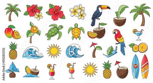 Tropical paradise illustration featuring various elements of summer vacation and beach life.