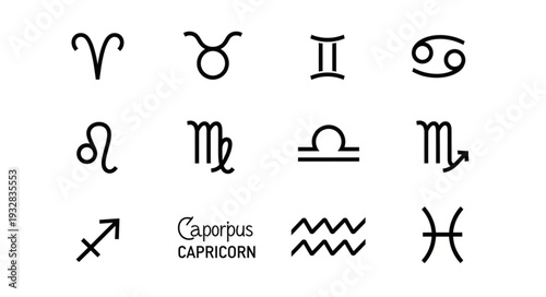 Zodiac signs symbols representing astrological constellations and celestial bodies.
