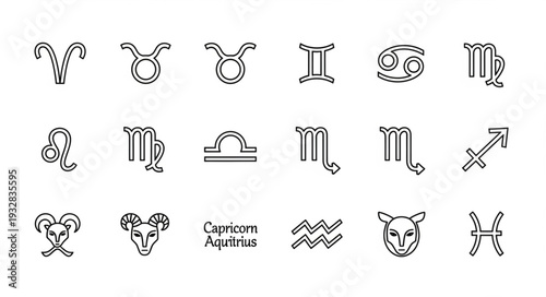 Zodiac signs symbols in a linear style, representing astrology and horoscopes.